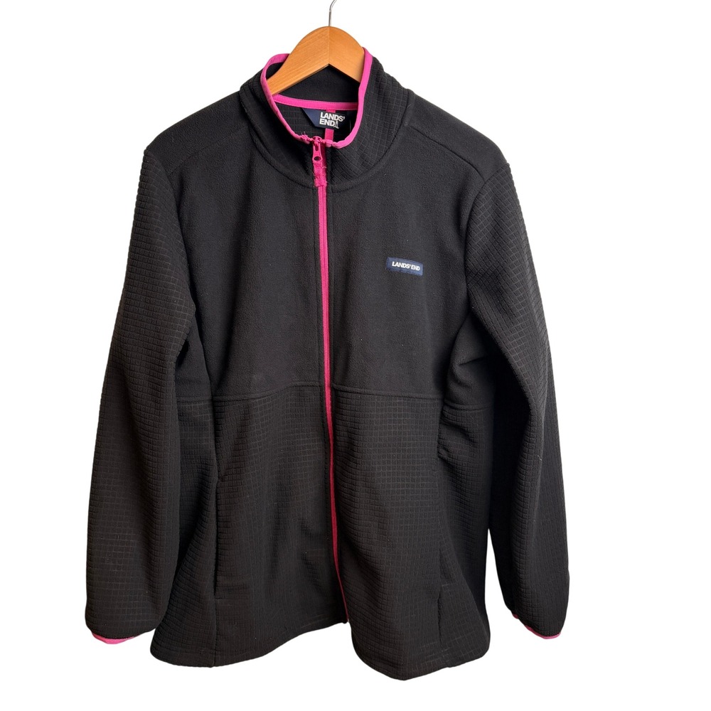 Lands End Womens Zip Fleece Jacket Grid XXL Black Pink Trim Outdoor Cozy